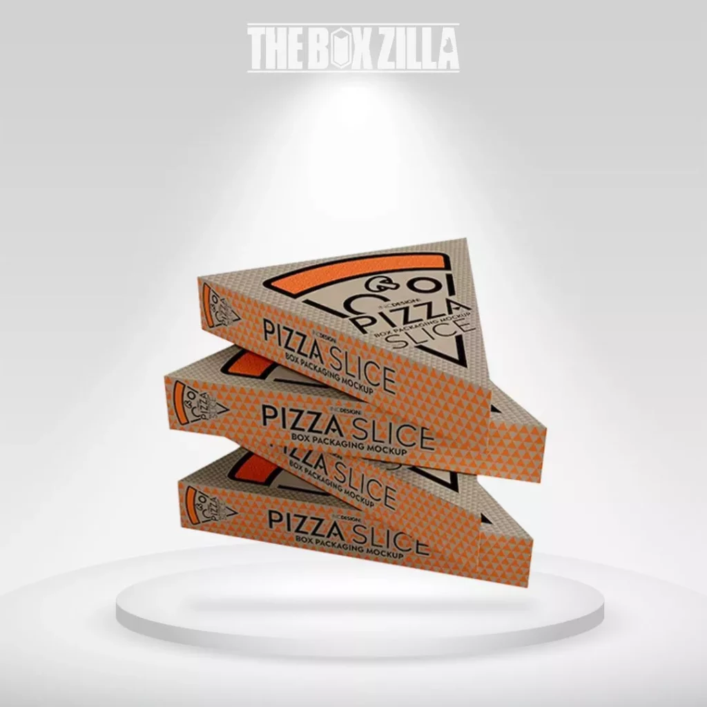 Triangular slice pizza box packaging with brown cardboard design