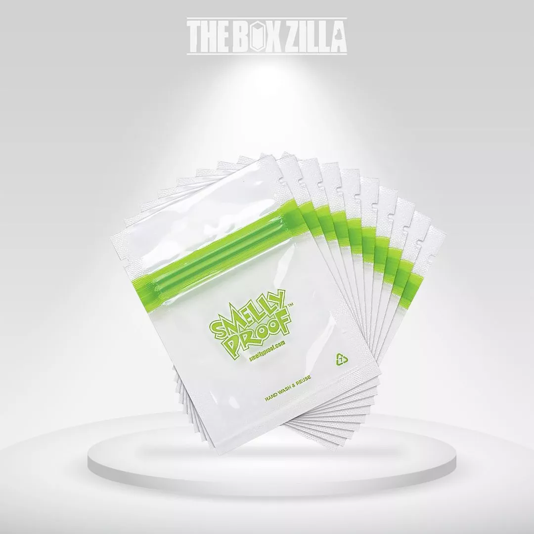 Clear mylar bags with sticky green row at top