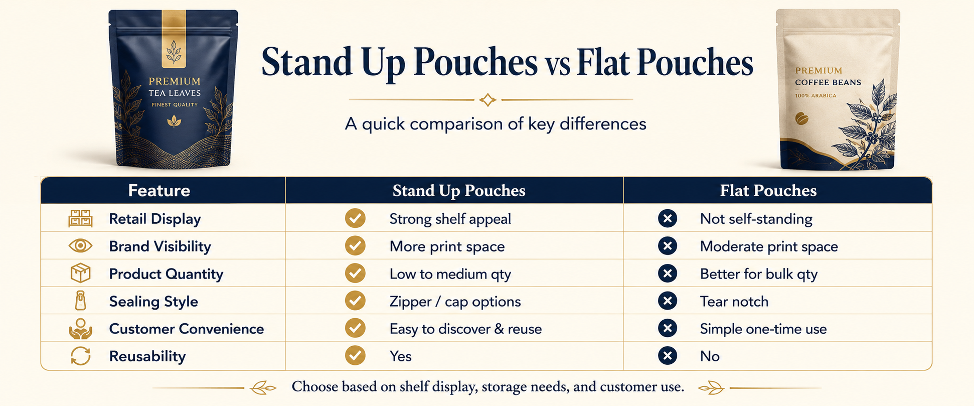 Stand Up Pouches vs Flat Pouches Difference Comparison Table